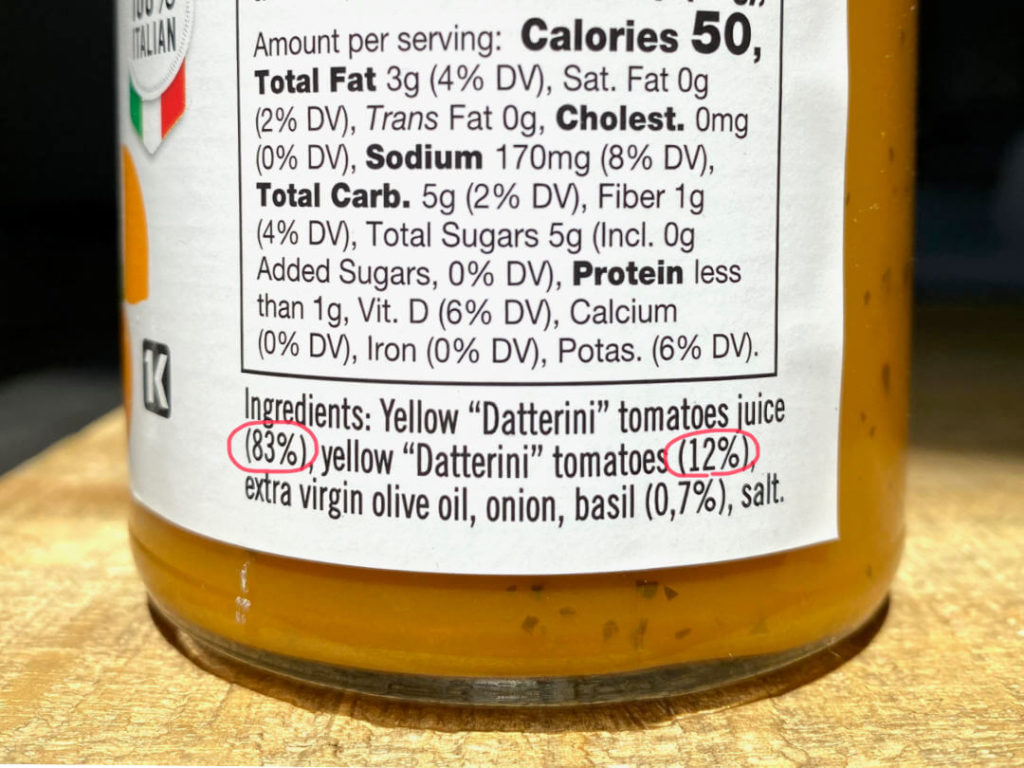An Italian food product showing percentages of key ingredients in ingredient list on the label