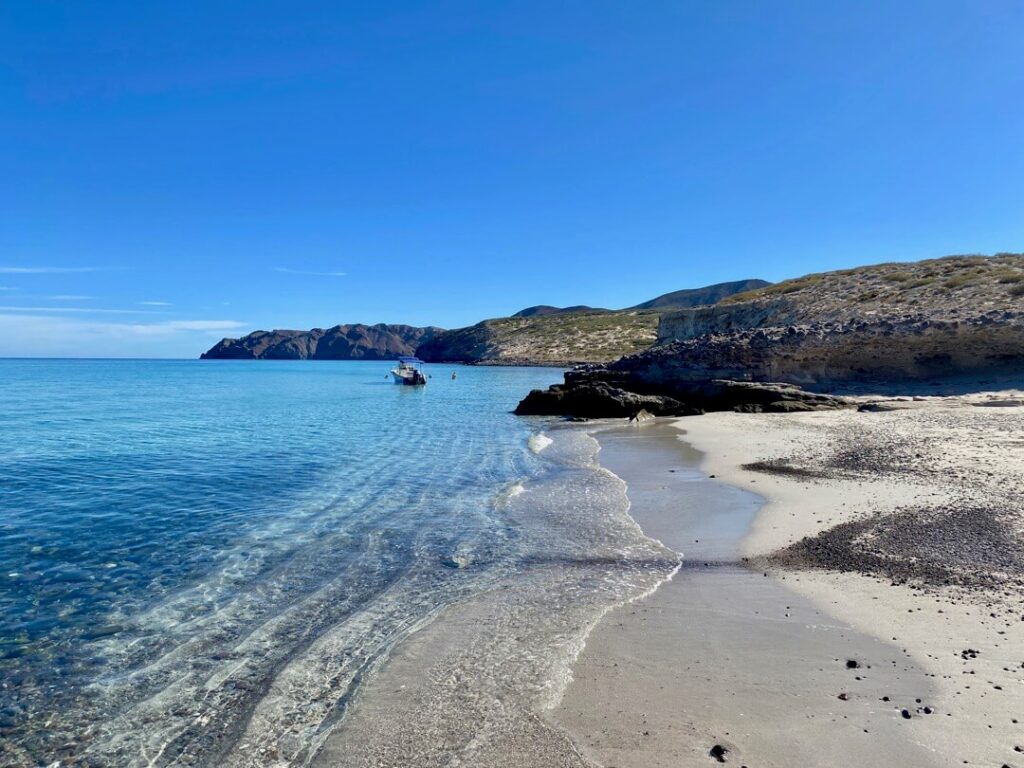 A secluded beach on the south side of Isla Carmen in Loreto, Baja California Sur, Mexico, easily reachable by boat day trip from Loreto