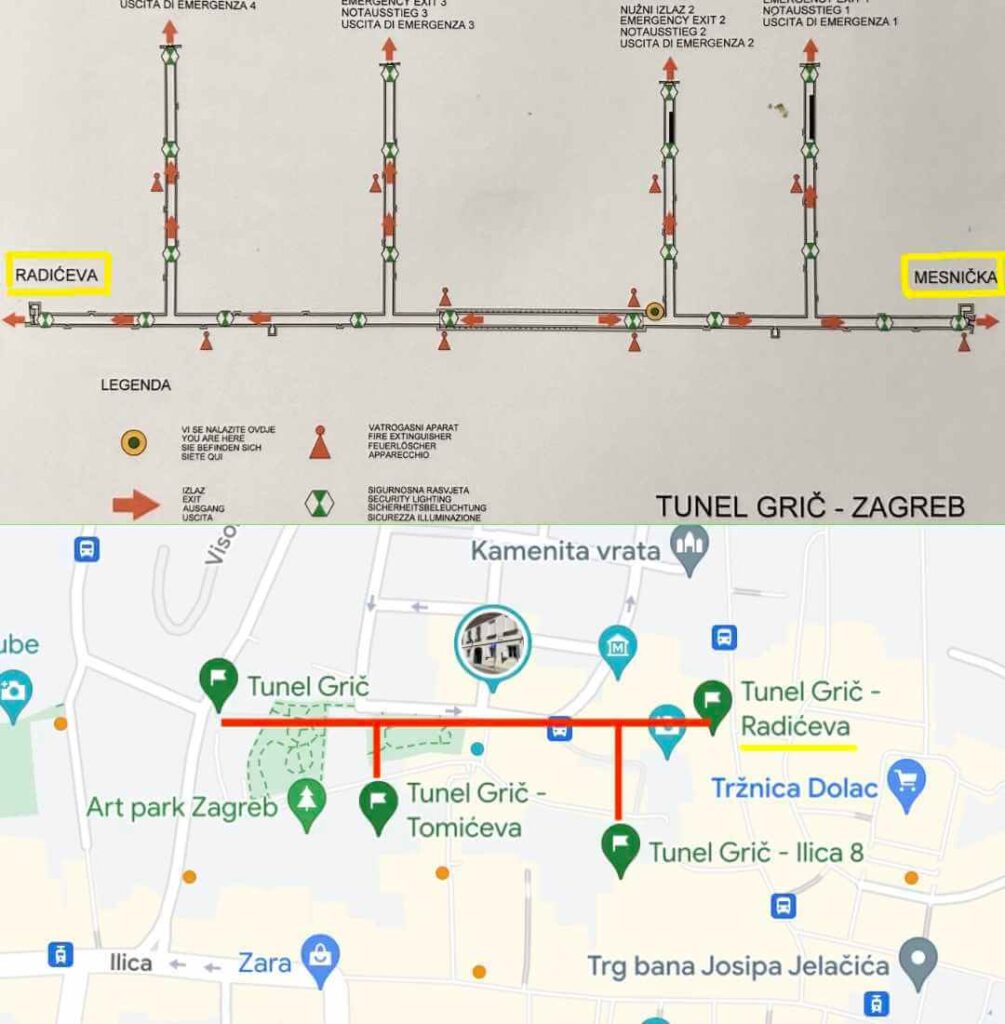 Map of all available Tunel Gric entrances in Zagreb on Google Map and the tunnel map of all six exits and facilities.