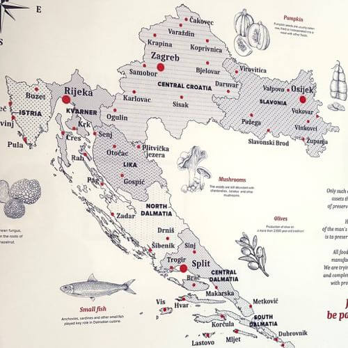 HERITAGE Street Food and Shop, a restaurant in Zagreb, has a map of specialty traditional foods in different regions of Croatia