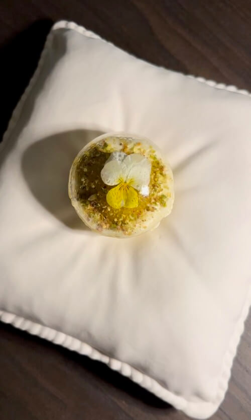 A dessert course of the tasting menu that guests can use the hearing sense in addition to taste, snell, sight, and smell, at Torero Restaurant in Zagreb, Croatia