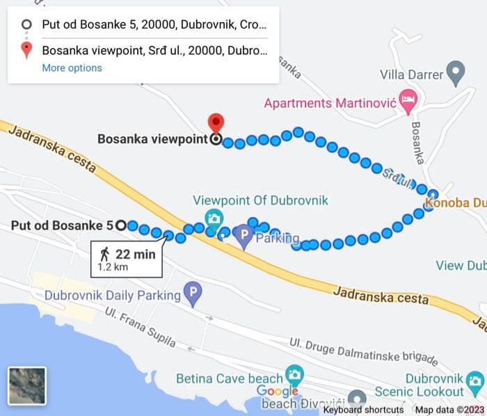Google Map walking direction from trailhead (42.6427731, 18.1196088) to Bosanka viewpoint in Dubrovnik, Croatia