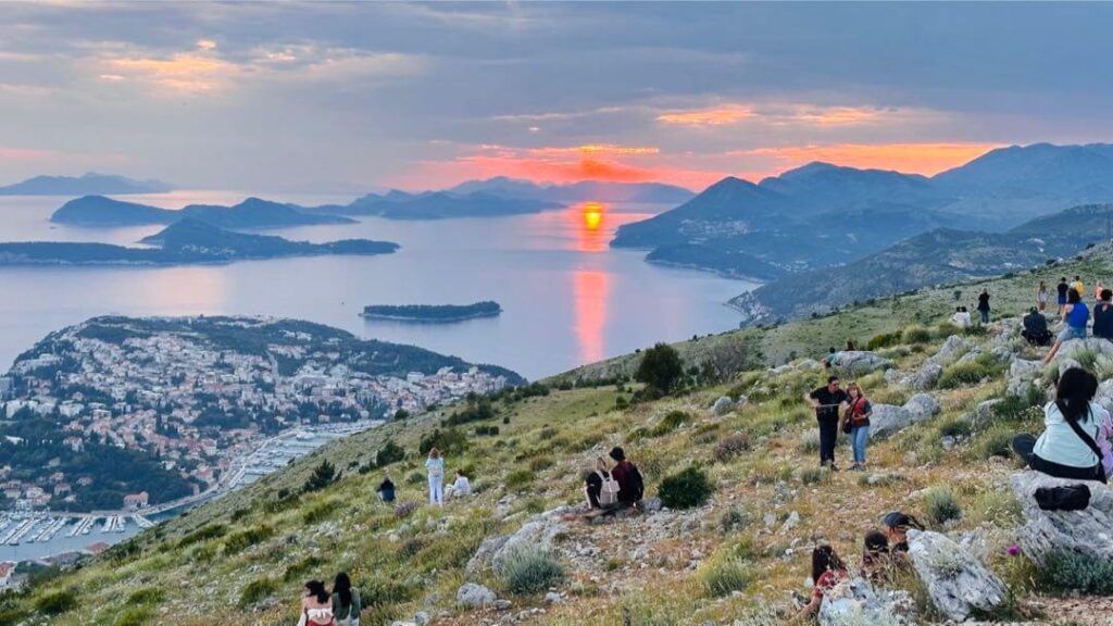 Sunset over the Elaphiti Islands and Adriatic Sea from viewpoint Dadiro Viera in Dubrovnik, Croatia