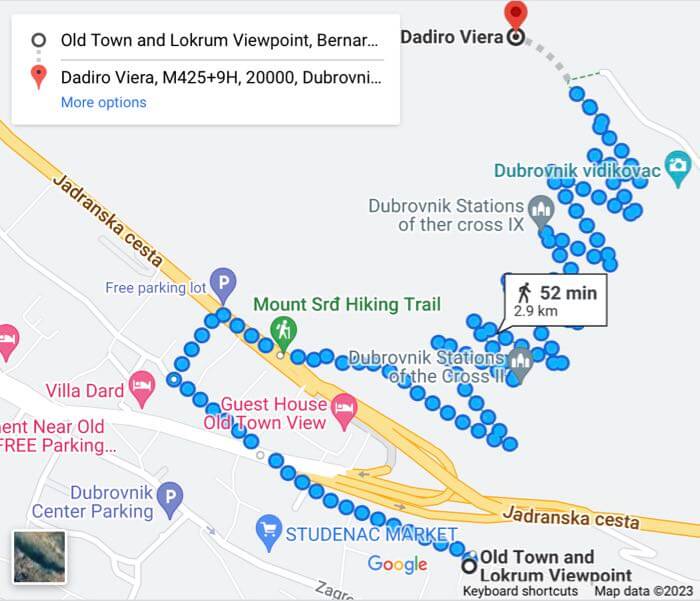 Google map walking direction from Old Town and Lokrum Viewpoint to Dadiro Viera viewpoint in Dubrovnik, Croatia