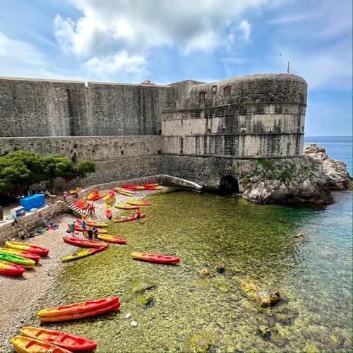 The Kolorina bay next to Fort Bokar have lots of kayaks from different companies for sea kayaking tours and rentals in Dubrovnik, Croatia