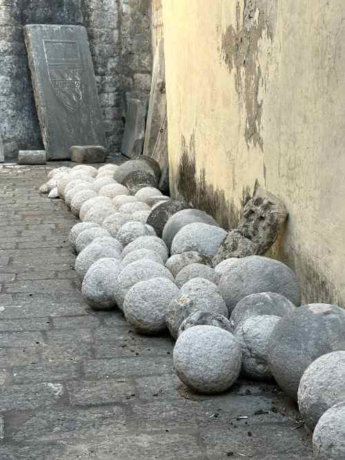 Backup round stone balls, waiting to replace the damaged ones on buildings of Dubrovnik Old Town, Croatia