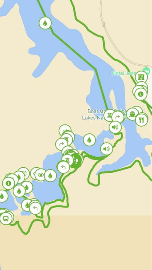 The mobile app of Plitvice Lakes National Park, Croatia shows the live map, point of interests, facilities, and information