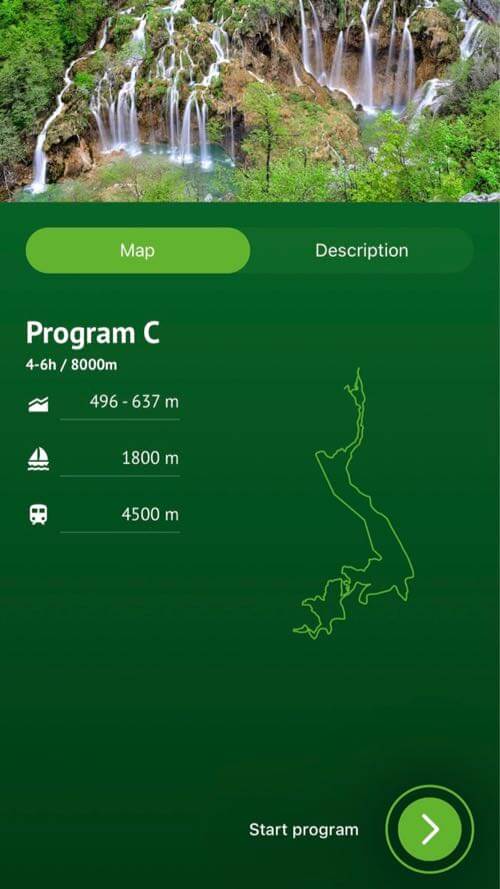 The mobile app of Plitvice Lakes National Park, Croatia lets you choose a program/route, and shows you the map, details and description. Click 'start program' will start the live map tracking your location