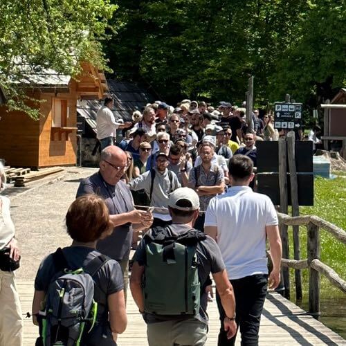 The crowds waiting in line to get on ferry at P1 in Plitvice Lakes National Park, Croatia after 10am