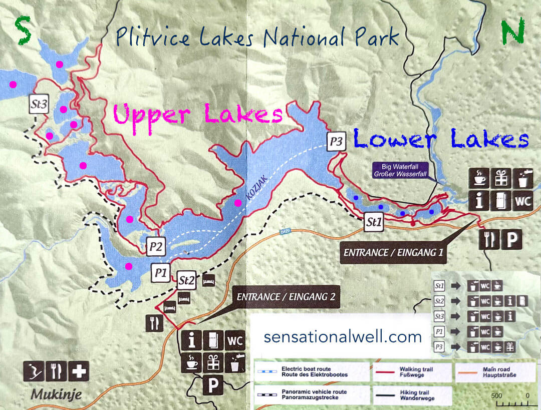 A detailed map of Plitvice Lakes National Park in Croatia, showing Upper Lakes Map, Lower Lake Map, Entrance 1, Entrance 2, parking, toilets, restaurant, ticket office, P1, P2, P3, St1, St2, St3, walking trails, electric boat route, panoramic vehicle route, hiking trail, main road.