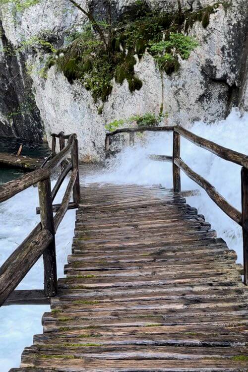 After heavy rain, the lakes of Plitvice Lakes National Park, Croatia can get flooded and water flows over the boardwalks