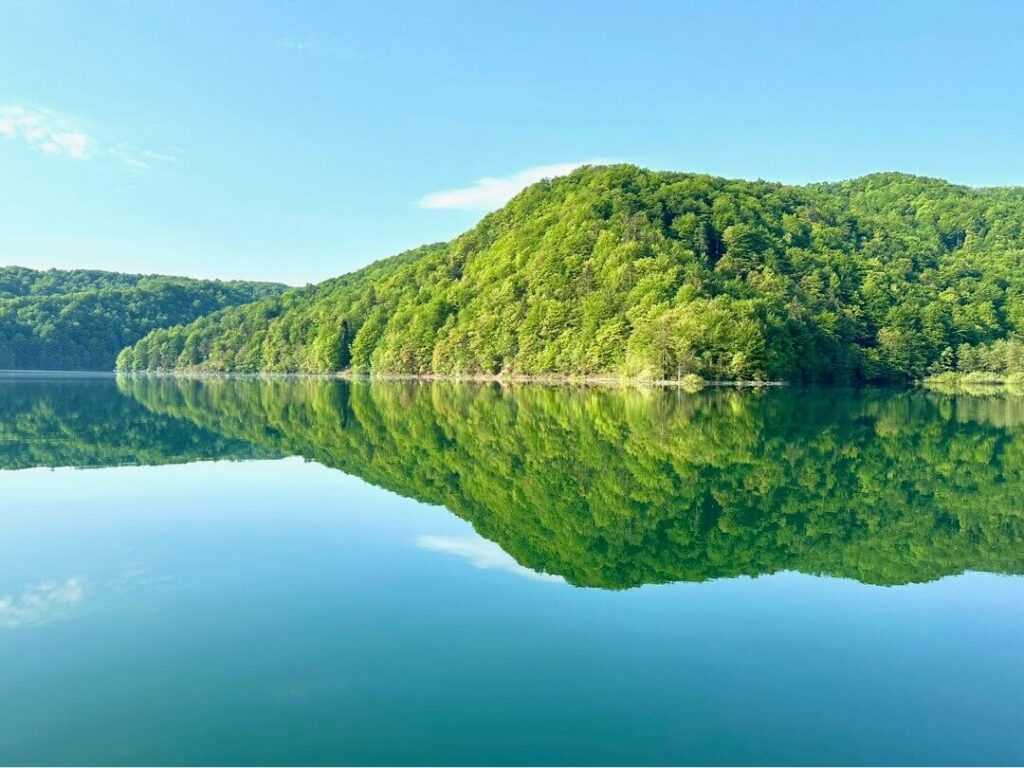 Serene reflection of trees covered hills on Kozjak Lake, a view from P3, Plitvice Lakes National Park, Croatia