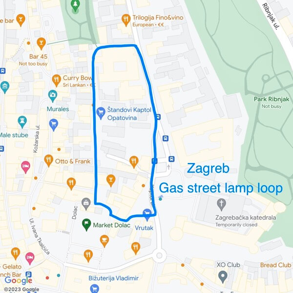 A Google Map that marks the best place to see the old traditional gas street lamps in Zagreb - a loop starting from Market Dolac.