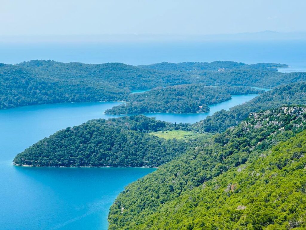 Aerial view of the Mljet lakes and forest from Mt Montokuc in Mljet National Park, Croatia