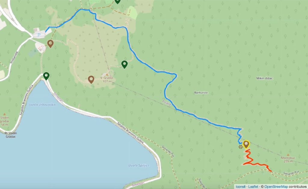 Map of two marked trails to Mt Montokuc in Mljet National Park, Croatia, one from the National Park entrance and parking, one from the paved road around the Great Lake and Soline.