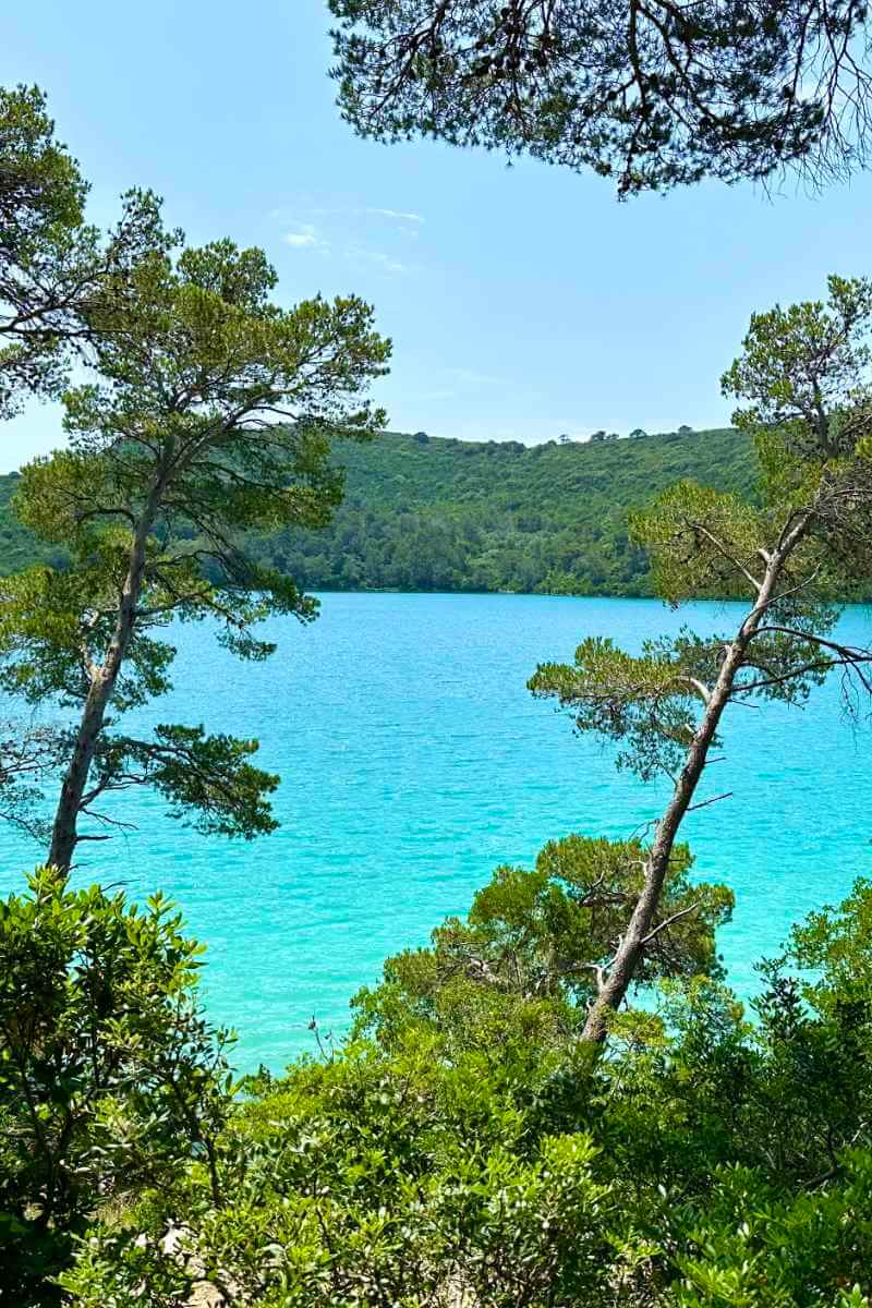 Mljet National Park pro tips. View of the turquoise saltwater lake Small Lake from behind trees in Mljet National Park, Croatia
