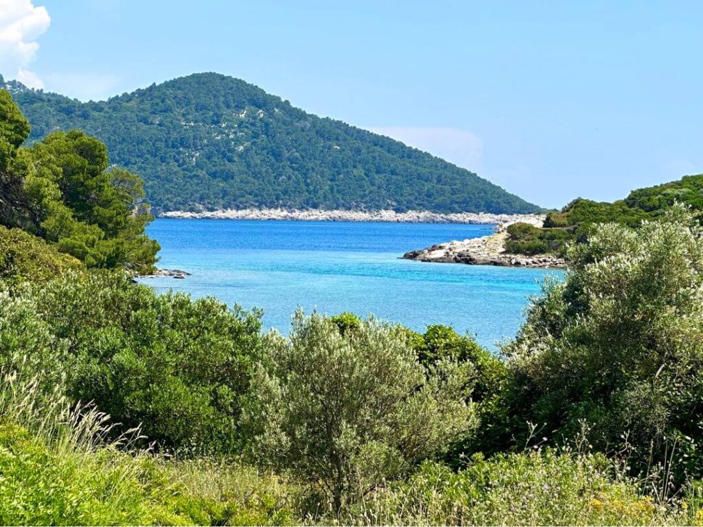 View of water color changes from turquoise to royal blue when Soline channel meets the Adriatic sea in Mljet National Park, Croatia