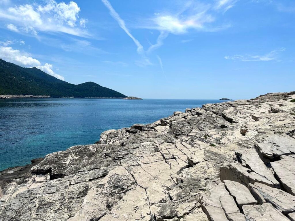 Adriatic sea view from white stones at Vrada od Solina in Mljet National Park, Croatia