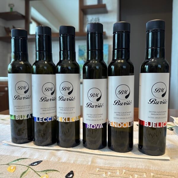 Buršić's olive oil products and olive oil tasting: buza, leccino, bova, pendolino, Istarska bjelica, de kleva.